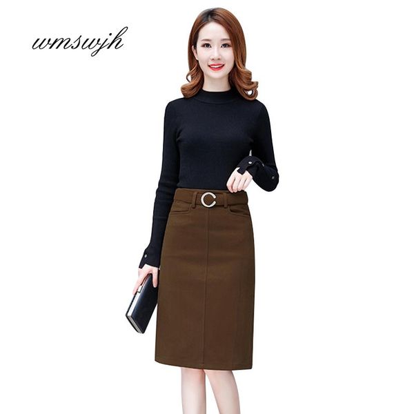 

skirts 2021 women woolen winter korean women's split slim midi pencil skirt big size ol formal for ladies s-4xl, Black