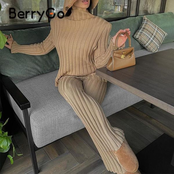 

women's two piece pants berrygo high street turtleneck cotton knitted women suit long sleeves solid two-piece set female shoulder pads, White
