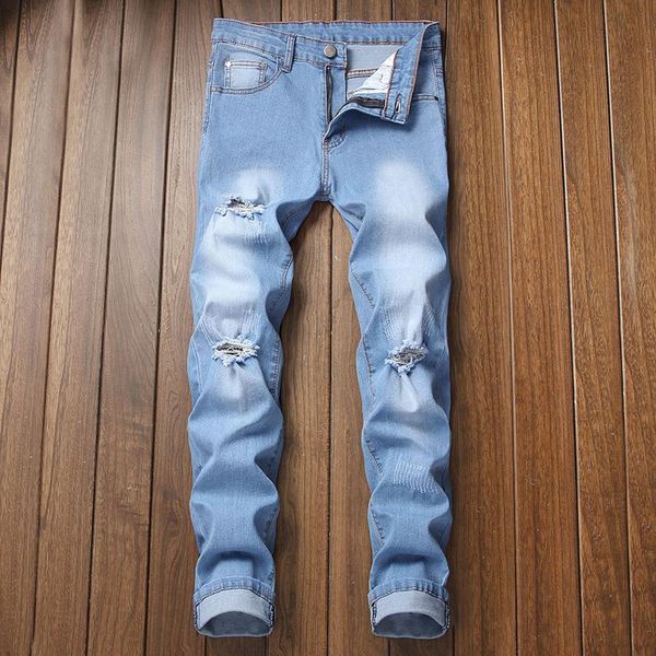 

men's jeans cross border wear hole slim light blue north america amazon stretch pants
