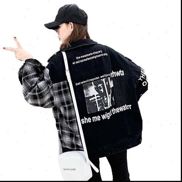 

autumn stitch black loose denim jacket harajuku bomber jacket streetwear plaid black jeans jacket women letter printed, Black;brown