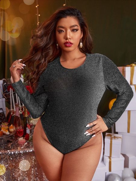 

plus round neck glitter bodysuit v48o#, Black