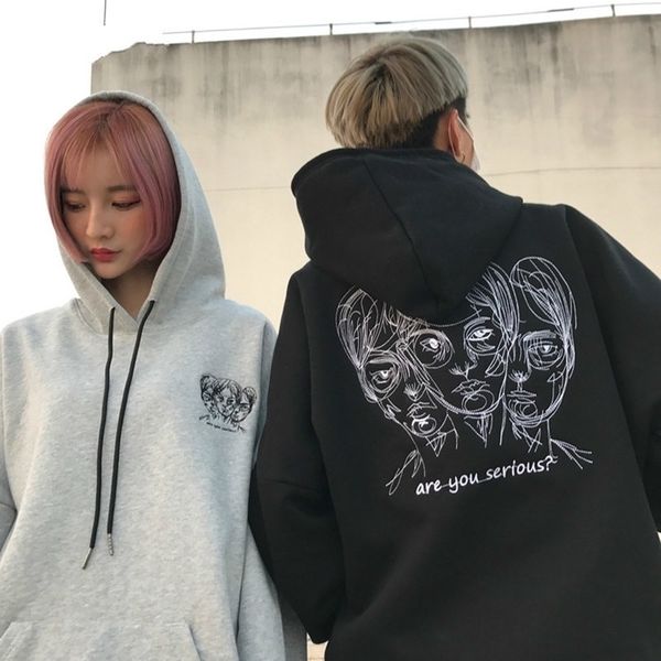 

lychee girls head embroidery hooded fleece sweatshirt long sleeve pocket hoodies autumn winter casual loose streetwear pullovers y200610, Black