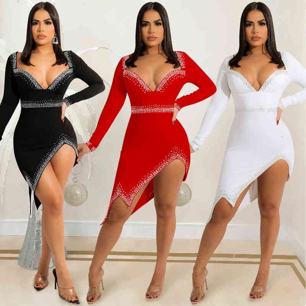 

casual dresses x5532 fashion diamond nightclub women's wear v-neck long sleeve split irregular dresses, Black;gray