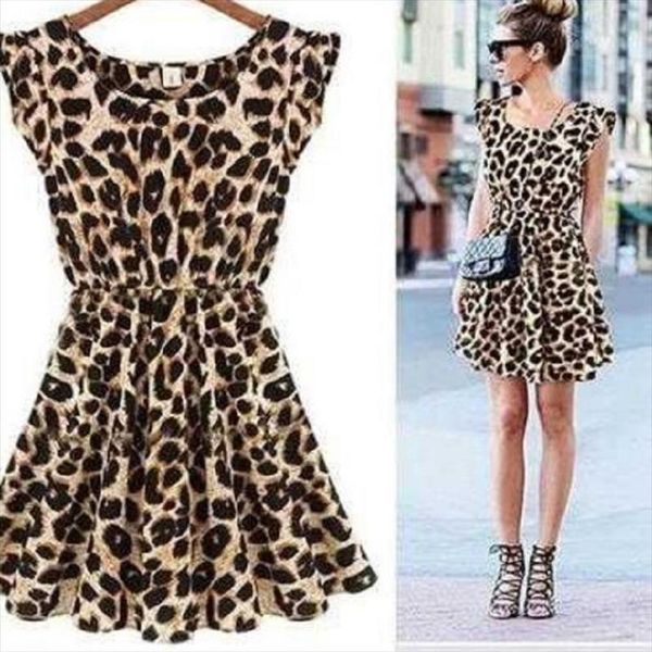 

short sleeve fashion leopard print womens dress nightclub round neck, Black;gray