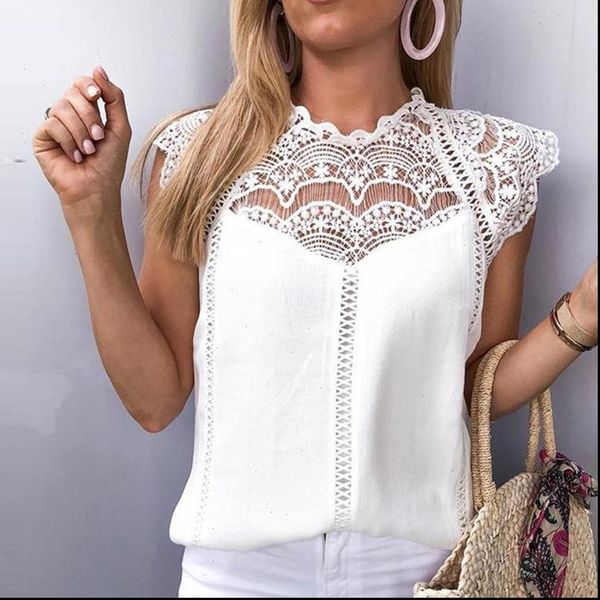 

lace patchwork womens and blouses 2021 summer sleeveless solid shirt women chiffon white blouse blusas roupa feminina