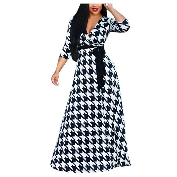 

casual dresses womens fashion print v-neck lacing slim dress half sleeve elegant party club swing a line woman body wrap hips long, Black;gray