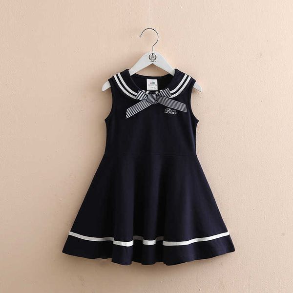 Summer Preppy Style 3 4 6 8 10 12 Anni Bambini Senza maniche Bow Bow Sailor Collar Blue Blue Bambini Baby Girls Abito militare 210529