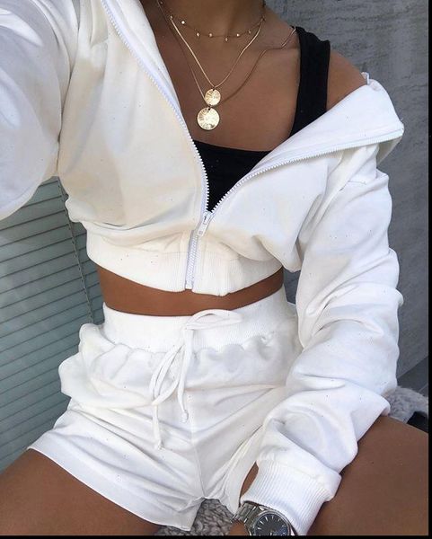 

autumn fashion 2pcs sports clothing sets casual outdoor suit for womens girls zipper sweater hoodie long sleeve hoodies shorts, Gray