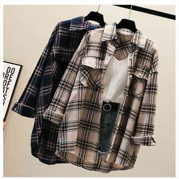 

plaid long sleeve loose womens shirt large size coat blusas ropa de mujer, White