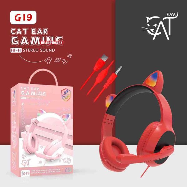 

headphones & earphones product g19 pink cat ear cute girl gaming headset with mic noise reduction stereo music rgb flash light wired headpho
