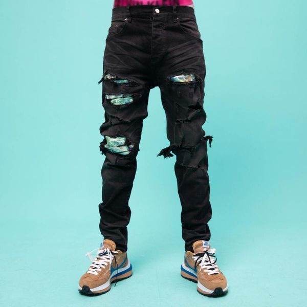 

men's jeans 2021 male black trousers patchwork design high street style old ffashion casual slim denim pants, Blue