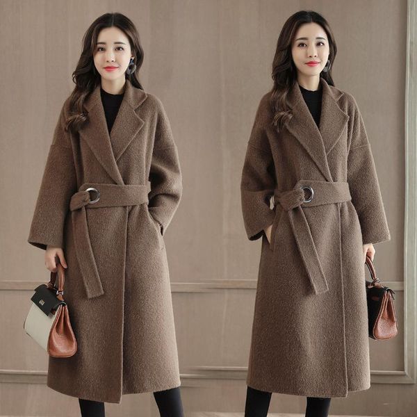 

women's wool & blends 2021 winter office lady belt women long blend coat turn-down collar and jacket loose solid outerwear, Black