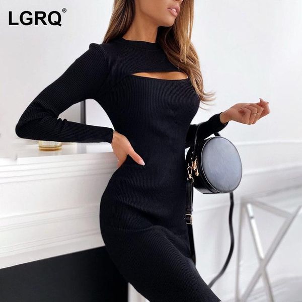 

casual dresses [lgrq] women black hollow out sheath knee length dress round neck long sleeve fashion tide autumn winter 2021 19d617, Black;gray