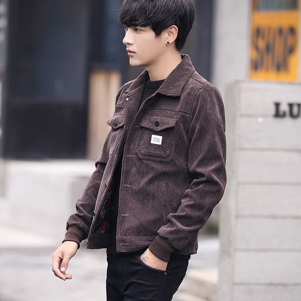 

men's autumn and winter new plush thickened korean trend denim jacket 2021 corduroy slim upper garment, Black;brown