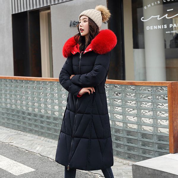 

2021 new women down jacket double sides wear cotton hooded parkas x-long fur 2 ways wearing collar winter coat 054d, Black