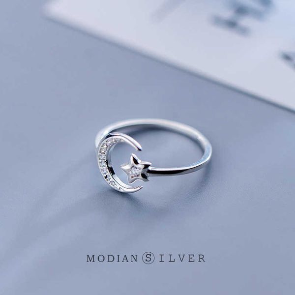 Mode Offener Verstellbarer Fingerring für Frauen Reines 925 Sterling Silber Twinkle Star Moon Edlen Schmuck Mädchen Geschenk 210707