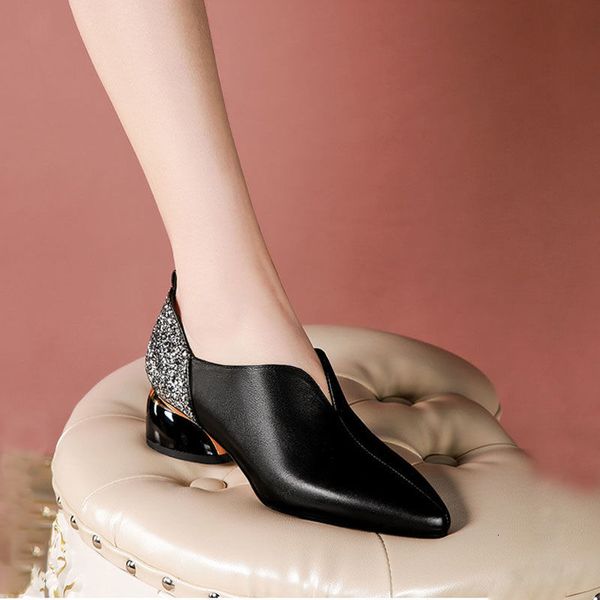 

slippers spring shoes, mid-heel women, female pumps, pointy toe toe, office lady shoe, thick heel, smooth plutonium leather, black silver ra