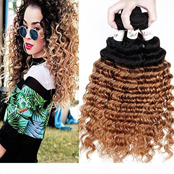 

8a malaysian virgin ombre deep wave 3 bundles hair 1b 27 honey blonde two tone malaysian deep curly human hair extension weave product, Black;brown
