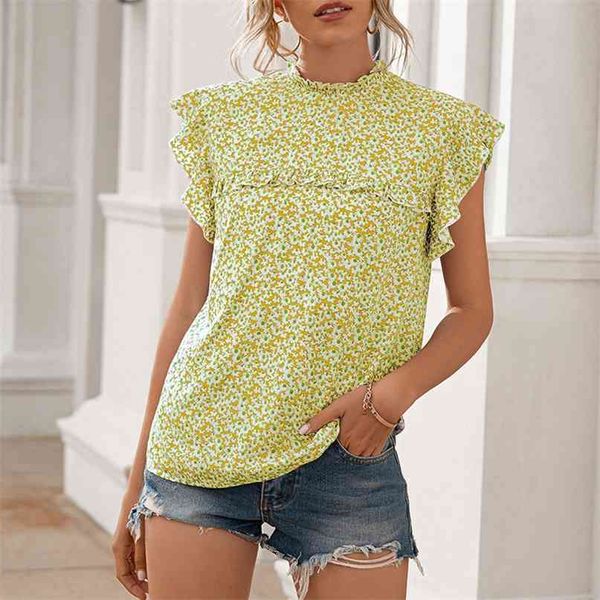 

floral print butterfly sleeve o neck chiffon t shirt women casual loose short streetwear plus size 210603, White