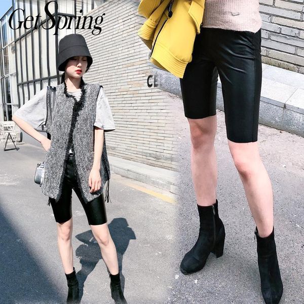 

women's pants & capris getspring women knee length pu high waist elastic slim bottoming trousers mid black autumn 2021, Black;white