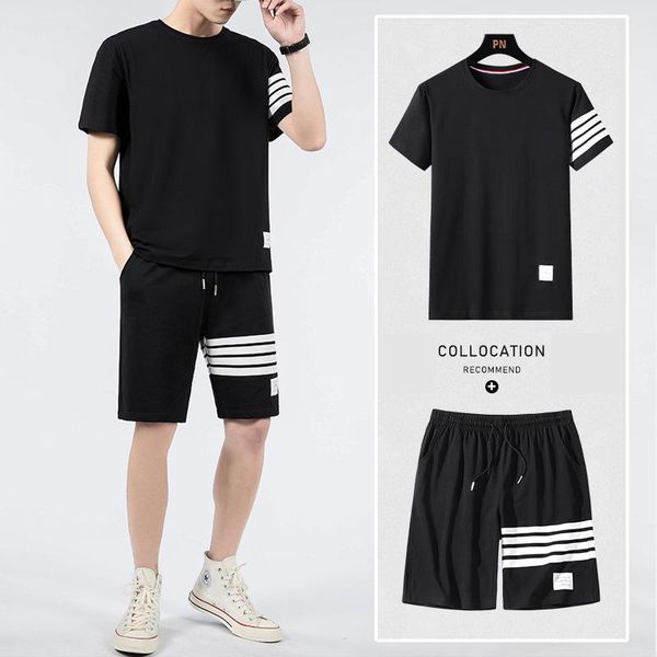 

jogging clothing sports 2 pieces set t-shirts shorts men summer plus size sweatpants designer tracksuit 4 striped brand, Black;red