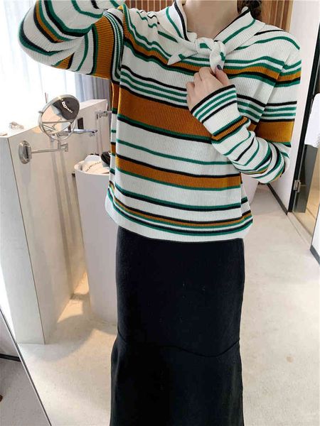 

2020 new spring bottomed knitted fashion french lazy wind wear striped sweater women's net red, White