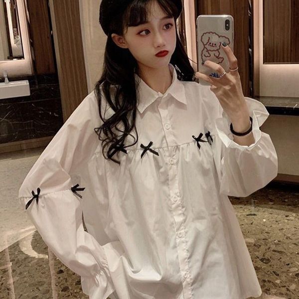 

women 2021 spring autumn new fashion full flare sleeve shirts female solid color bow button ladies loose casual blouse x102, White