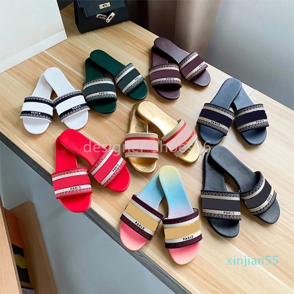 

luxury designer slippers sandals slides leather women summer flat slipper fashion beach woman big head rainbow letters outdoor ladies 3, Black