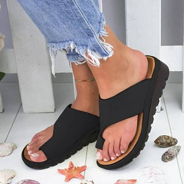 slippers women leather shoes comfy platform flat sole ladies casual soft sneakers foot correction sandal orthopedic bunion corrector 6j11, Black