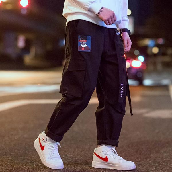

men's pants coursemys hip hop streetwear cargo men women ribbon embroidery japanese harajuku joggers trousers casual harem male, Black