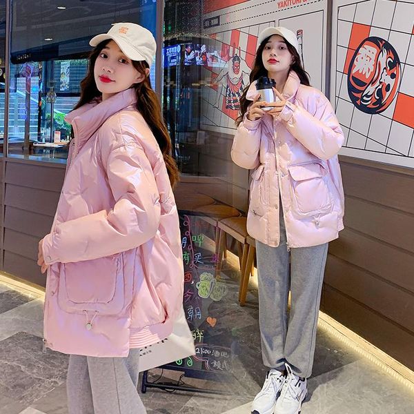 

women's down & parkas 2021 winter women jackets shiny fabric embriodery pockets thick warm padded coat female outwear jacket, Black