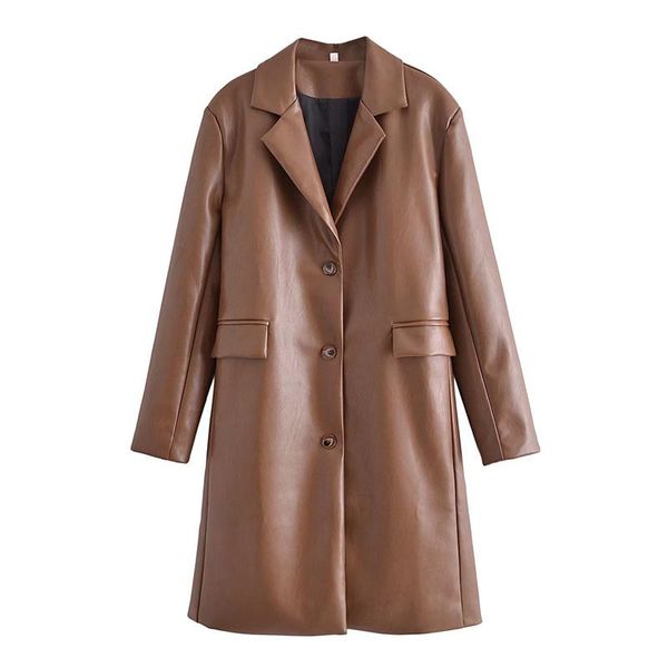 

women's jackets woman elegant brown long sleeve leather jacket 2021 autumn fashion female notched pu ladies single breasted, Black;brown