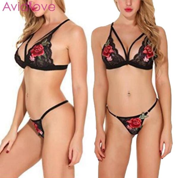 

bras sets women v neck spaghetti strap lace patchwork floral lingerie set, Red;black