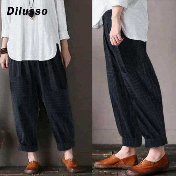 

women's pants & capris pockets loose striped cotton linen long harem women elastic waist casual cargo pantalon overalls trousers plus s, Black;white