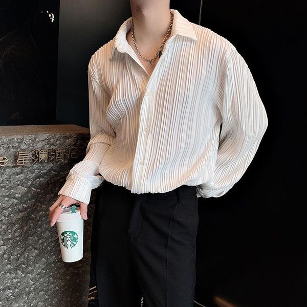 

men's casual shirts korean version pleated fabric light luxury design men shirt fashion striped mens social club outfits, White;black