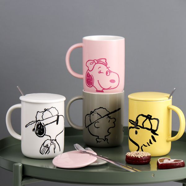 

snoopy water cup creative trendy cute ceramic cup female personalized cup simple home mug with cover with spoon
