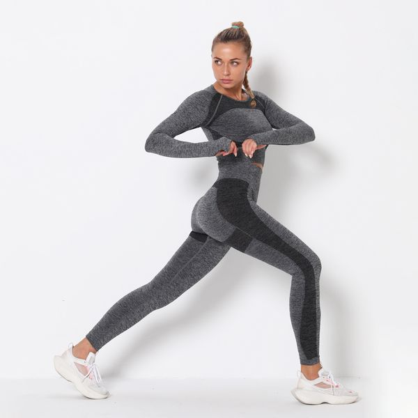 

women sport suit yoga set gym workout clothes long sleeve fitness crop high waist energy seamless leggings fitness clothing, White;red