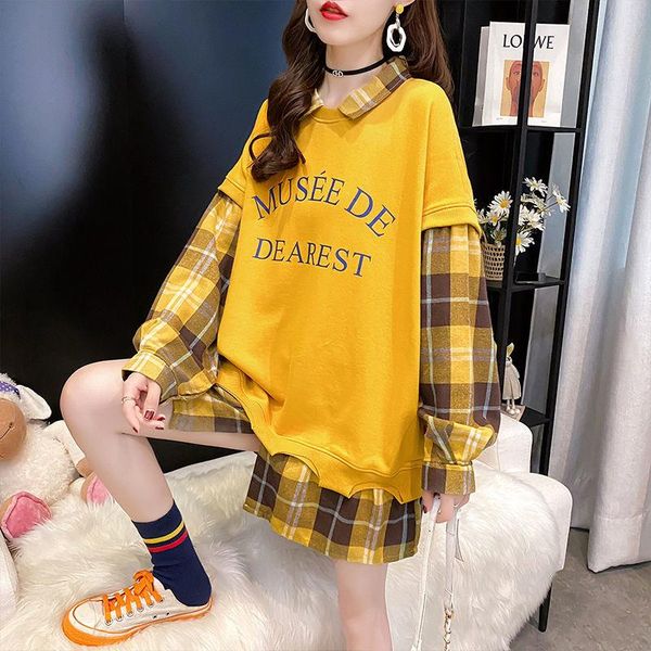 

women's hoodies & sweatshirts spring and autumn sweatshirt check pattern stitching fake two pieces thin long sleeve korean loose large, Black