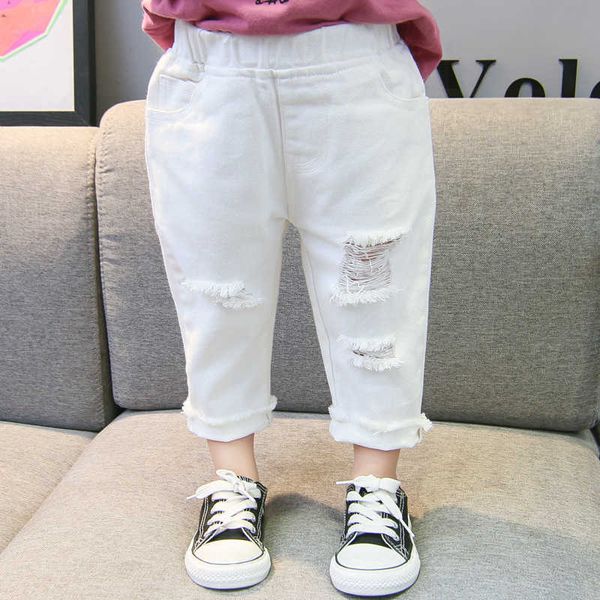 Primavera meninas brancas soltas jeans rasgados criança crianças casuais all-mathing calça denim 210615