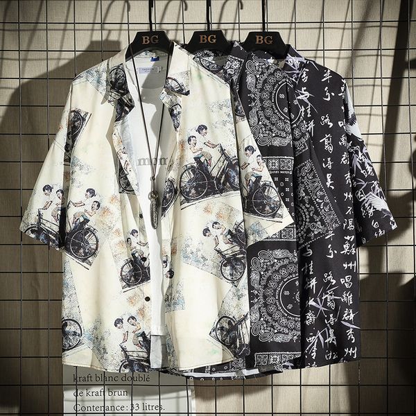 

2021 new hawaiian will see ethnic short casual linen cotton print shirt streetwear men's blouse 0q50, White;black