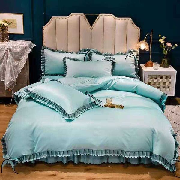 

2021 new korean ruffle lace bed skirt washed ice four piece set fanghua series