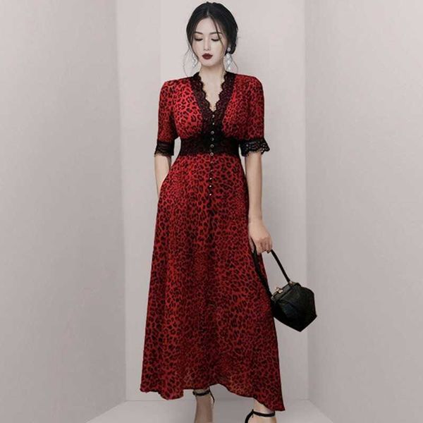 

summer fashion leopard chiffon dress elegant temperament women ol lace splicing high waist casual 210531, Black;gray