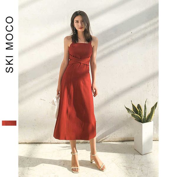 Yaz Elbiseler Kadınlar Retro Şarap Kırmızı Moda Sapanlar Bandaj Bir Çizgi Akşam Parti Balo Yüksek Bel Vestidos 210608