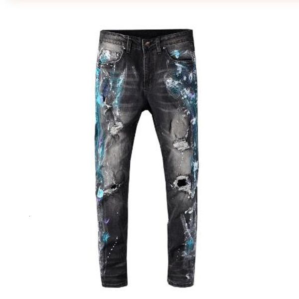 

new male painted pierced black stretch in fashion thin streetwear jeans 995f, Blue