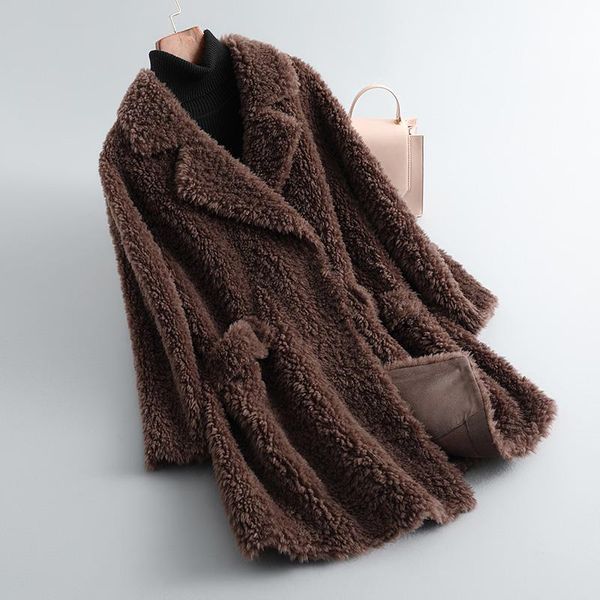 

women's fur & faux women winter real lamb coat female granular sheep shearing jacket ladies thick warm natural wool long loose outwear, Black