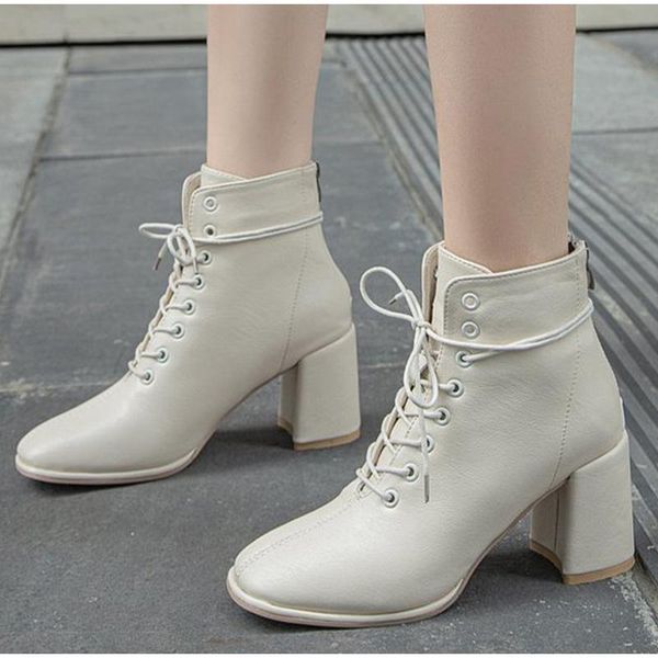 

boots women fashion ankle pu ladies modern lace up square heels round toe pumps for female winter non slip zipper, Black