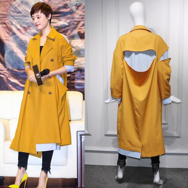 

women's trench coats shirt spliced fake two-piece long coat for women fashion korean loose lapel double-breasted yellow, Tan;black