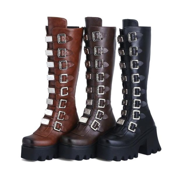 

boots olome womens platform knee thigh belt buckle square toe long shoes chunky heel punk motorcycle metal sheet, Black