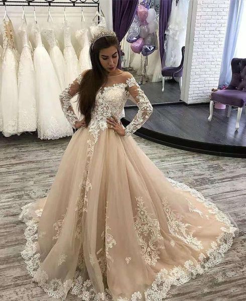 

other wedding dresses boat neck champagne long sleeves gowns a line robes de bridal lace appliques dress, White