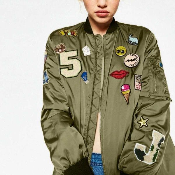 

wholesale- punk style bomber jacket women army green embroidered cartton letter patternjacket fashion street coat casual outerwea b8sj#, Black;brown